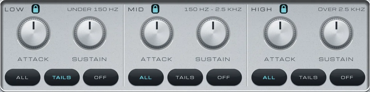 Three bands, LOW, MID and HIGH, each with ATTACK and SUSTAIN knobs and ALL, TAILS and OFF buttons