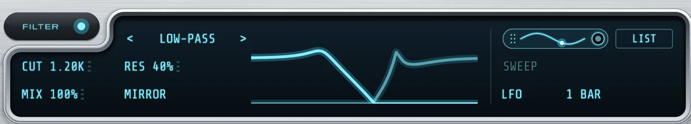 The FILTER strip with a low-pass curve, its mirror curve and an LFO sweep