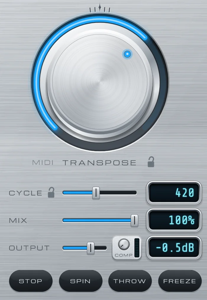 The TRANSPOSE knob with CYCLE, MIX and OUTPUT sliders, the COMP knob and the STOP, SPIN, THROW and FREEZE buttons